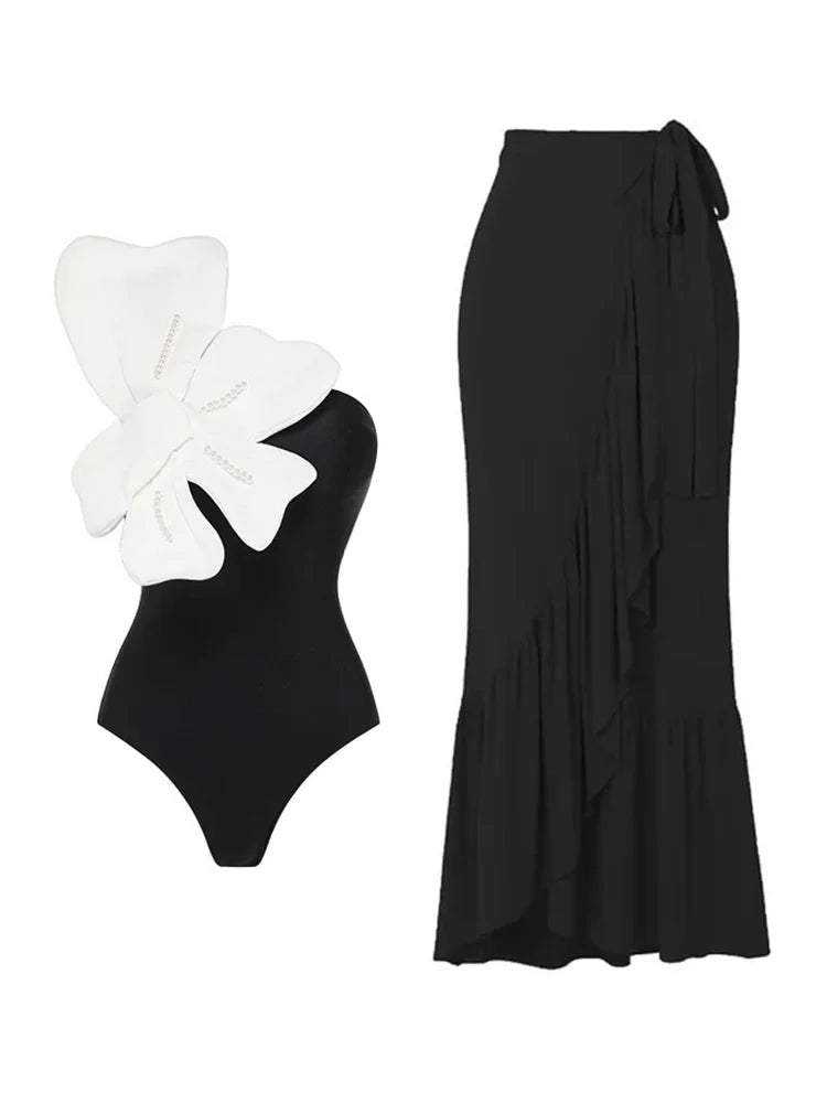 Pearl Flower Embellished Swimsuit Set