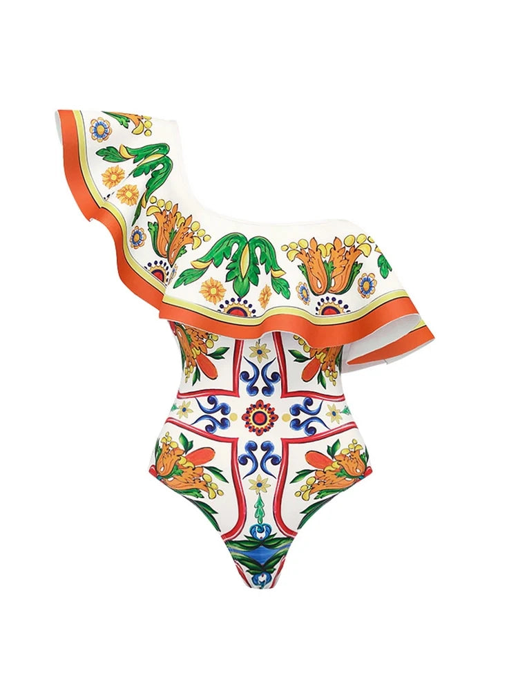 One Shoulder Enamel Print Swimsuit Set
