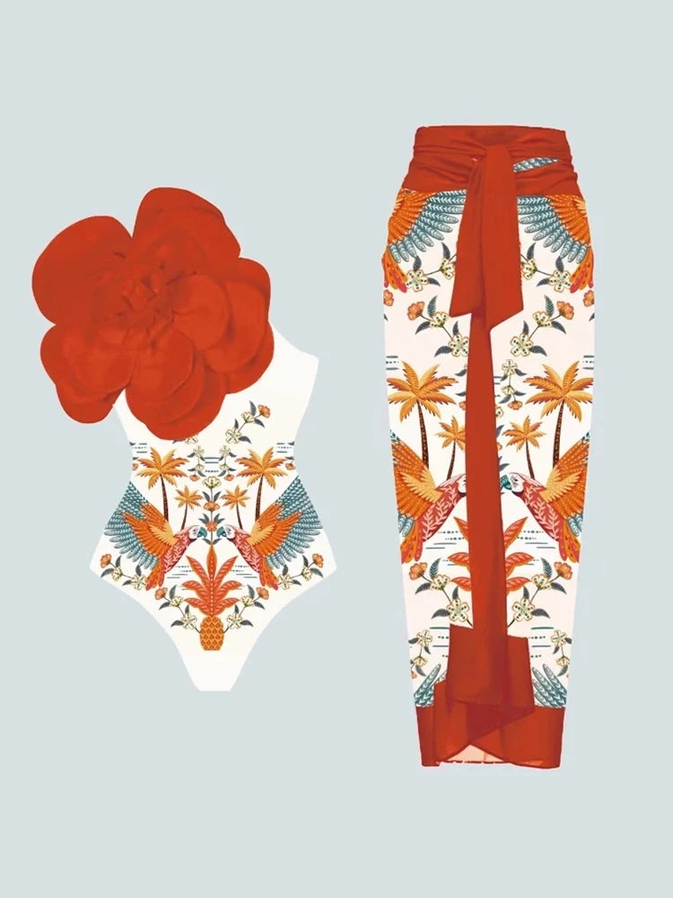 Floral Print One-Piece with 3D Flower Detail