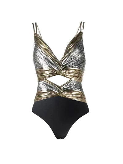 Cutout Silver Patchwork One-Piece with Skirt