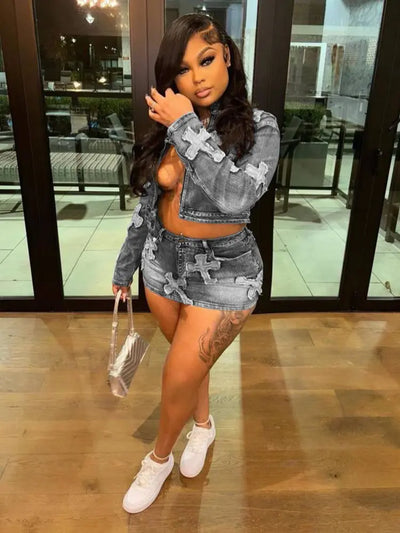 Designer Denim Skirt & Jacket Set