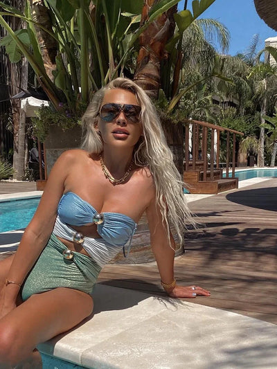 Morandi Green Colorblock High-Waist Swimsuit Set