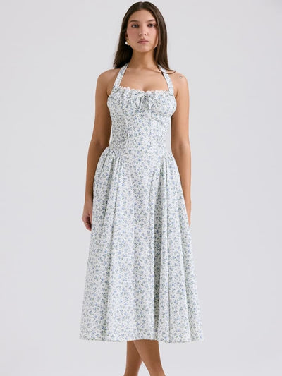 White Halter Backless Dress with Bluebell Floral Print