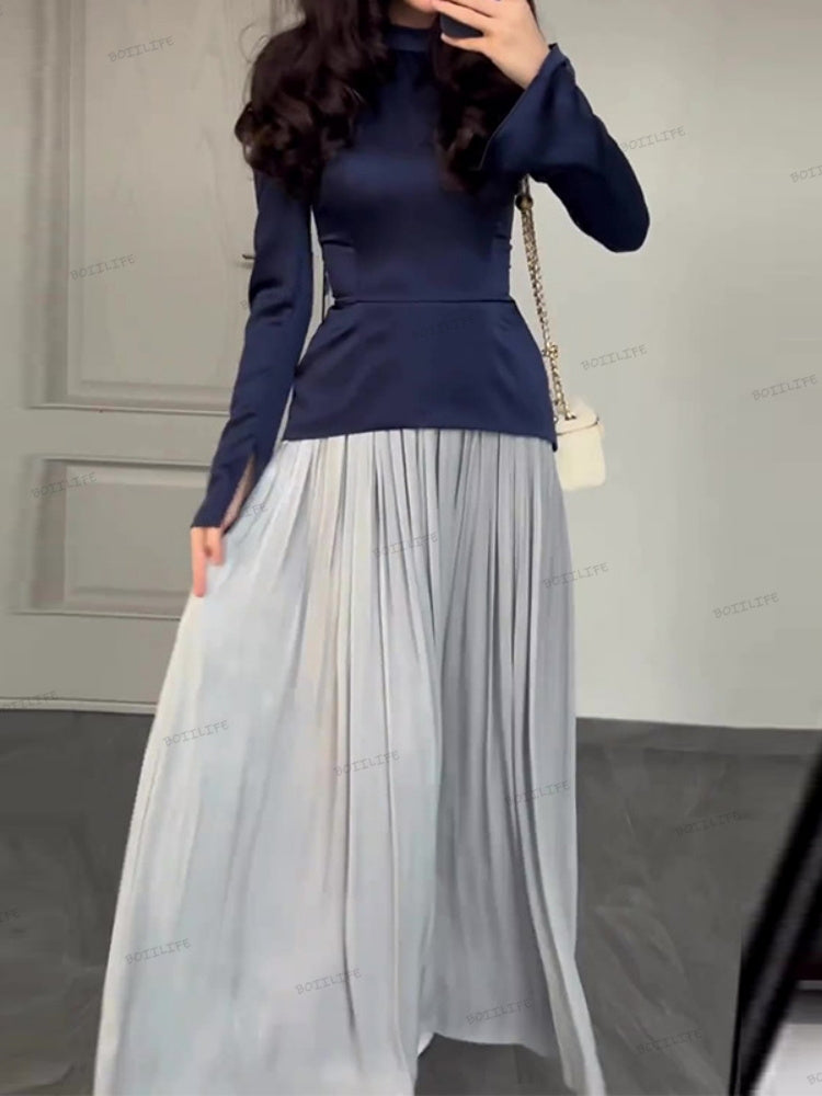 Color Block Splicing Slim Fit Lace-Up Long Sleeve Maxi Dress