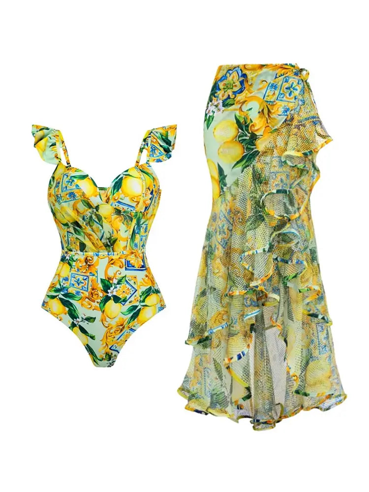 Mesh Lemon Print Swimsuit Set