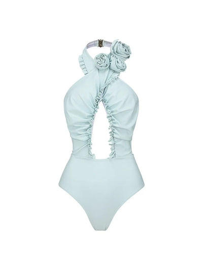 Halter Backless Swimsuit with 3D Floral Set