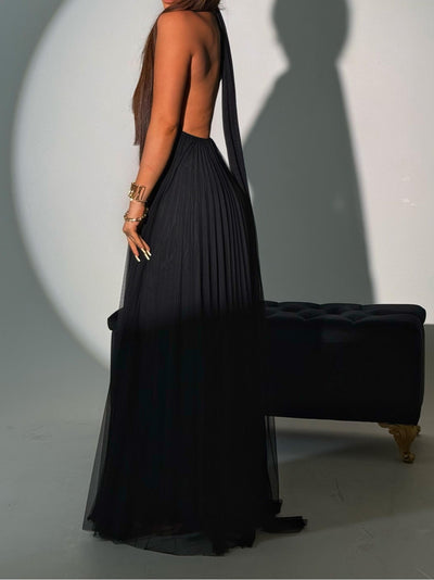 Backless Halter Pleated Maxi Dress
