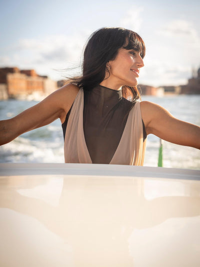 Sheer Mock Neck Cowl Front Maxi Dress