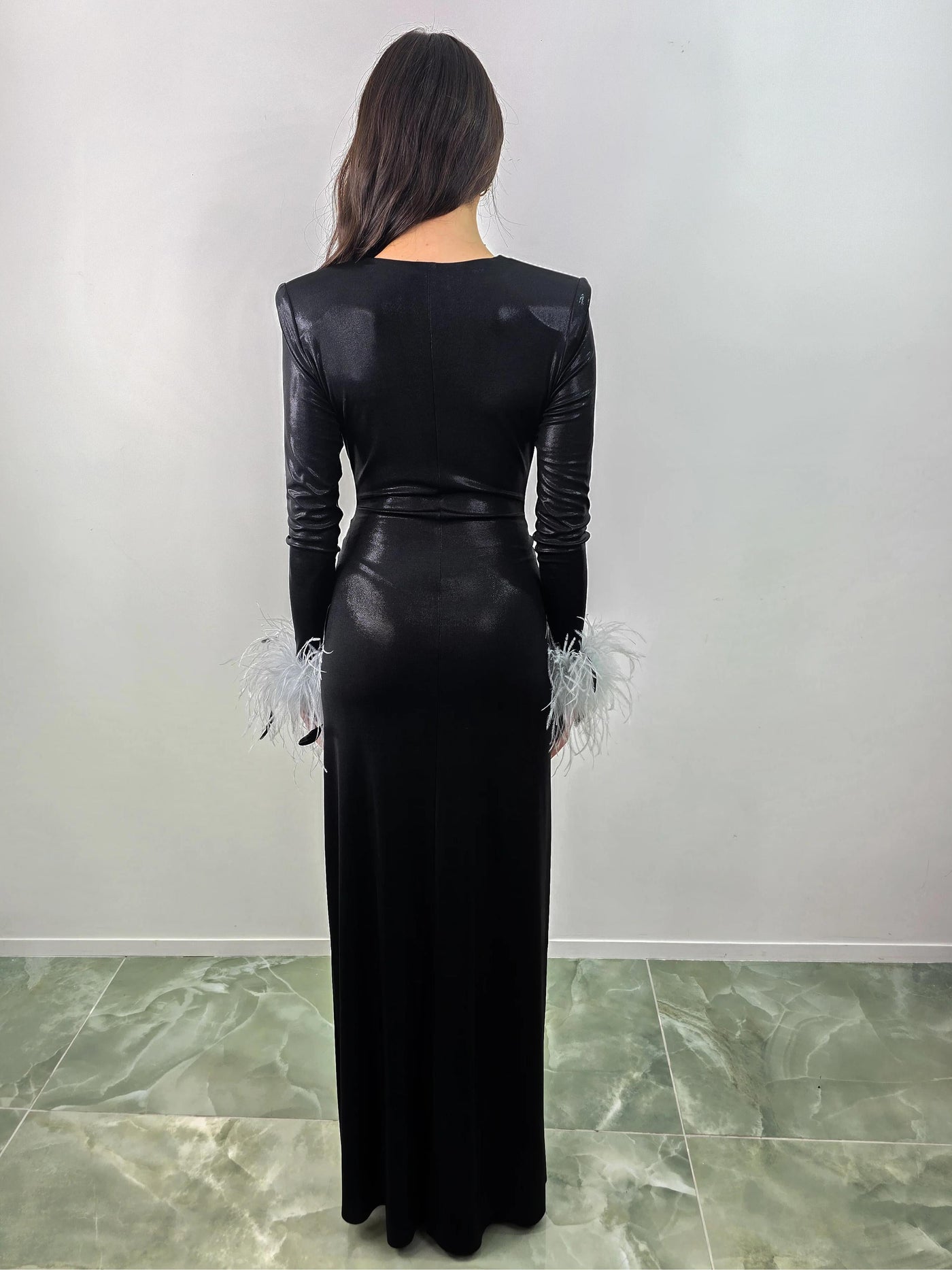 Shiny Feather Cuffs Side Slit Maxi Dress