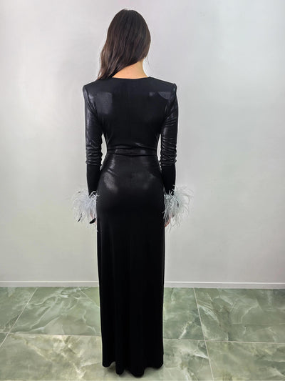 Shiny Feather Cuffs Side Slit Maxi Dress