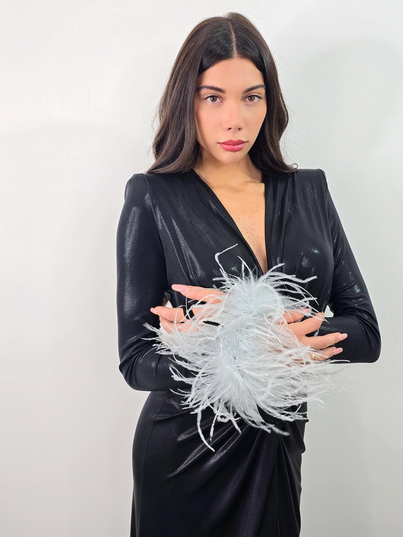 Shiny Feather Cuffs Side Slit Maxi Dress