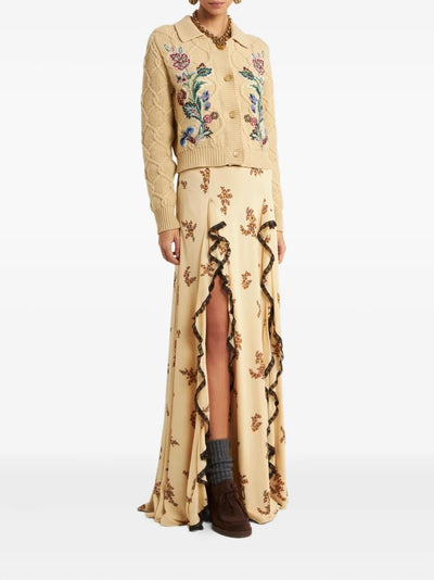 Floral Printed Ruffled Lace Trim Maxi Skirt