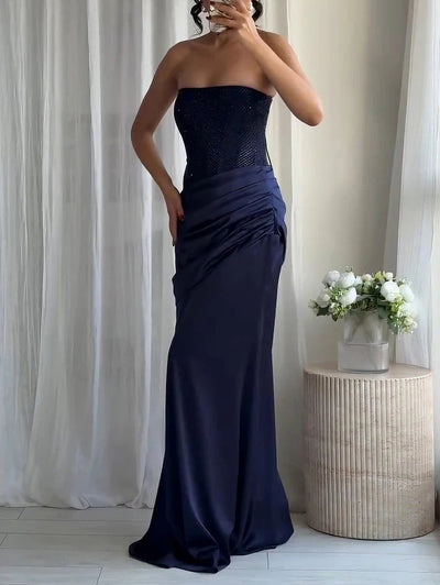 Strapless Rhinestone Pleated Maxi Dress