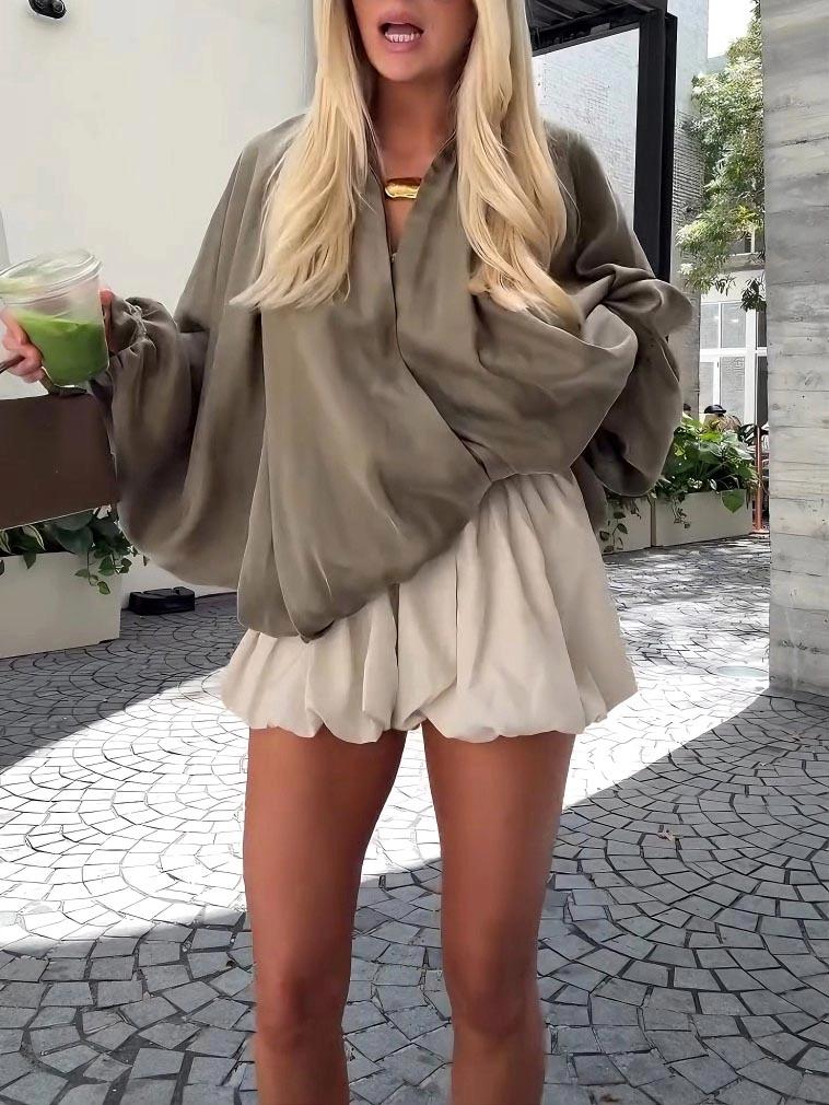 High Waisted Cream Pleated Bloomer Shorts Set