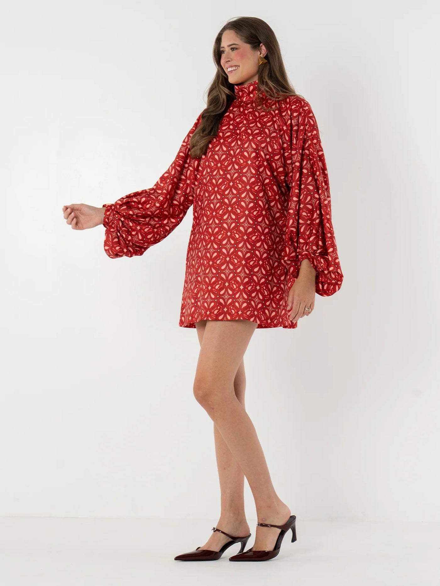 Bohemian High Neck Lantern Sleeve Mini Dress