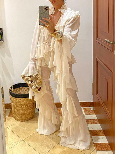 Fashionable Ruffled Chiffon Wide Leg Pants Set