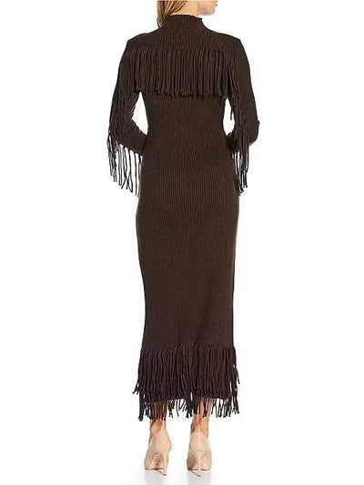 Ribbed Knit Bodycon Fringe Maxi Dress
