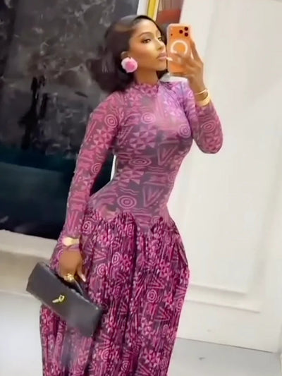 Geometric Print High Neck Maxi Dress