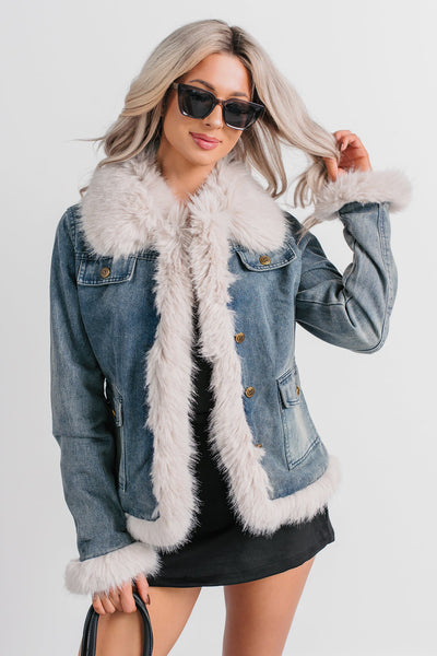 Easy Talker Faux Fur Trim Denim Coat (Denim Blue)