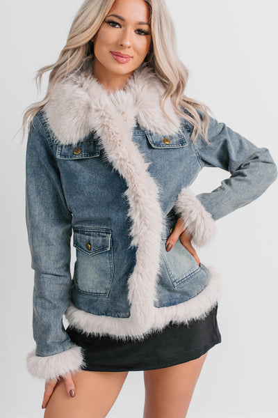 Easy Talker Faux Fur Trim Denim Coat (Denim Blue)