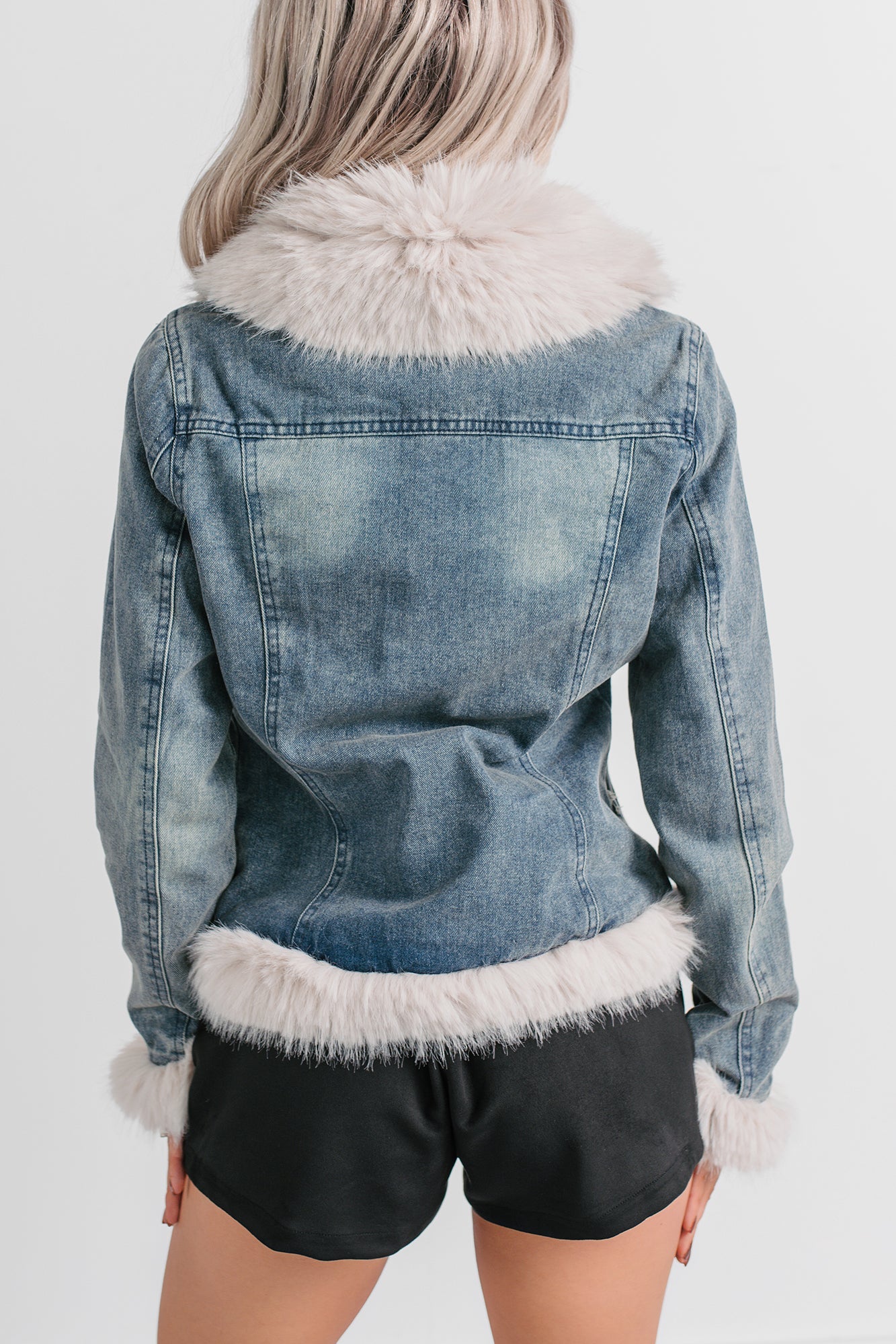 Easy Talker Faux Fur Trim Denim Coat (Denim Blue)