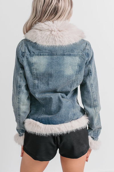 Easy Talker Faux Fur Trim Denim Coat (Denim Blue)
