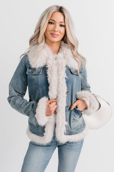 Easy Talker Faux Fur Trim Denim Coat (Denim Blue)