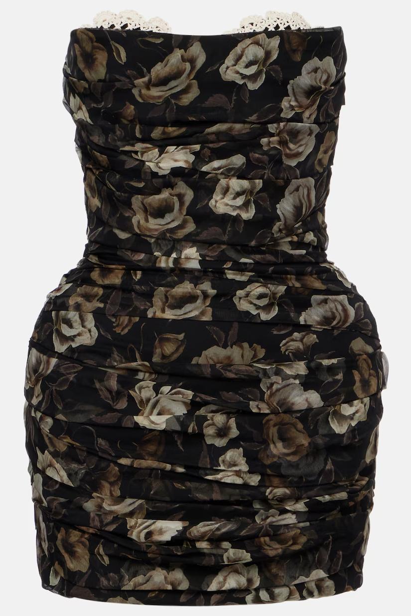 Floral Print Strapless Ruched Mini Dress