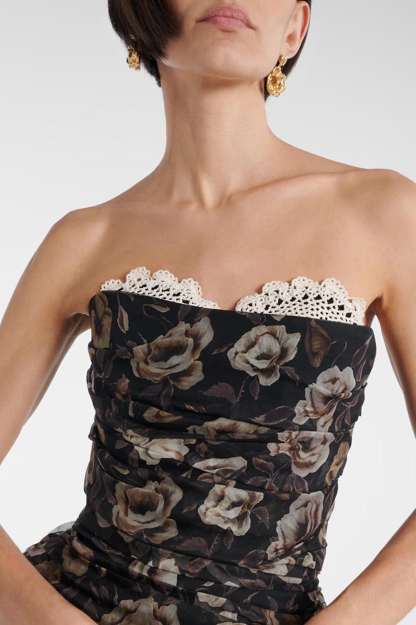 Floral Print Strapless Ruched Mini Dress