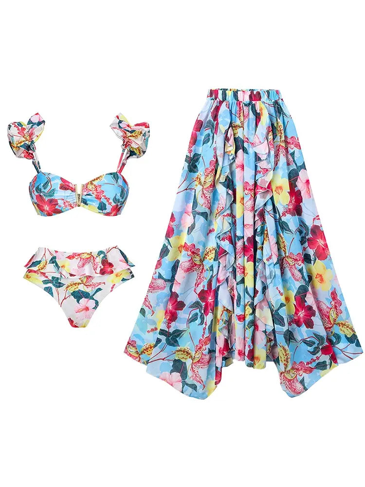 One Piece Cutout Printed Swimsuit Set