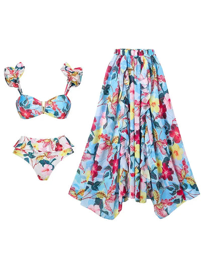 One Piece Cutout Printed Swimsuit Set