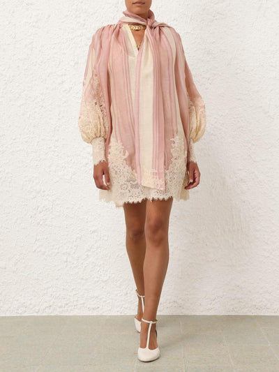 Striped Lace Trimmed Scarf Neck Mini Dress