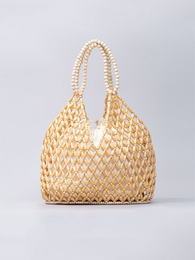 Handcrafted Wooden Bead Woven Tote Bag