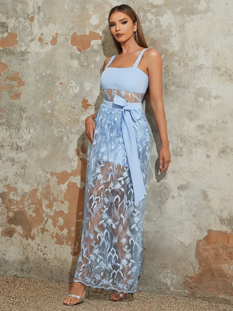 Lace Strappy Belted Bodycon Dress