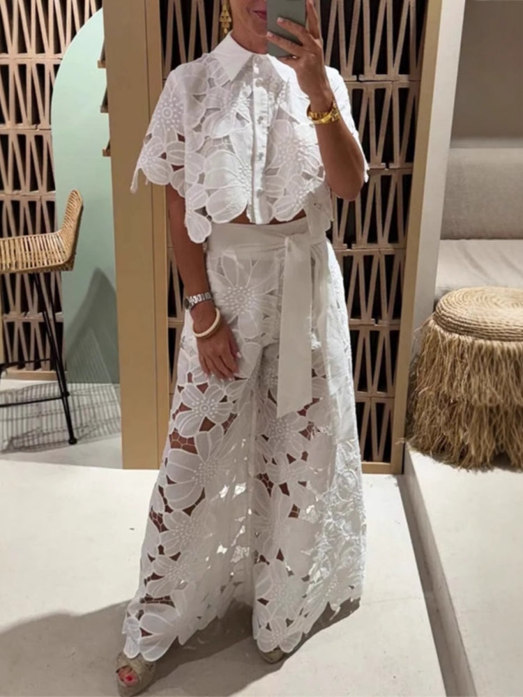 Cut-Out Cardigan Top Wide-Leg Pants Set