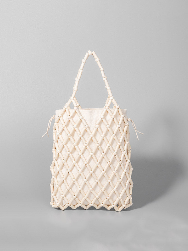 Hollow-Out Wooden Bead Woven Tote Bag