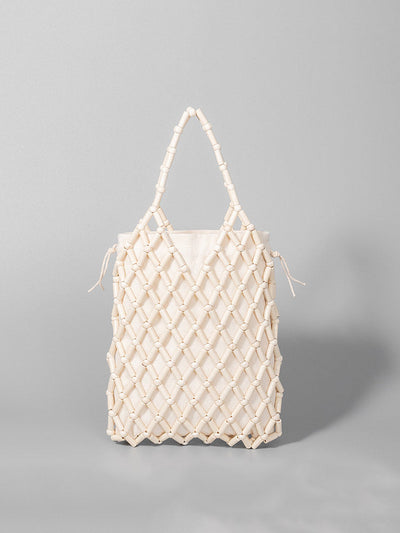 Hollow-Out Wooden Bead Woven Tote Bag