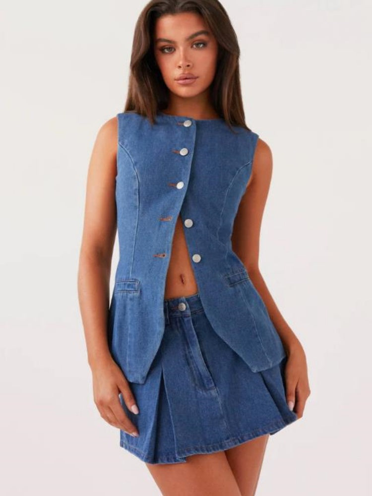 Casual Sleeveless High Waist Denim Set