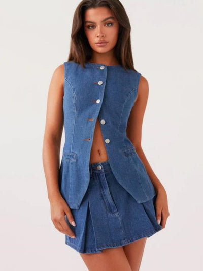 Casual Sleeveless High Waist Denim Set