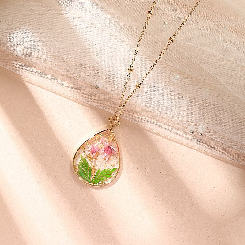 Resin Pressed Flower Necklaces - Gold Foil Tulip & Ferns