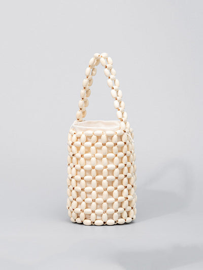 Hollowed-Out Wooden Bead Woven Bucket Bag