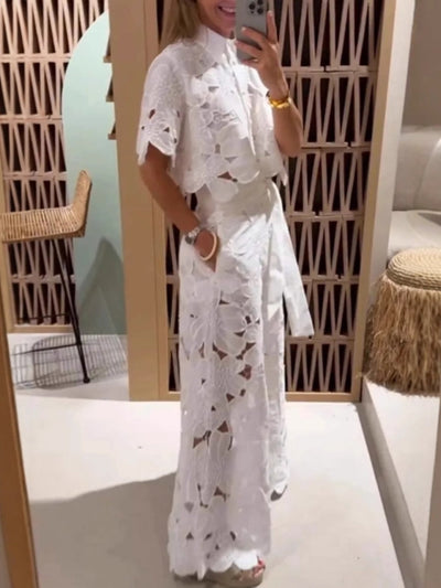 Cut-Out Cardigan Top Wide-Leg Pants Set