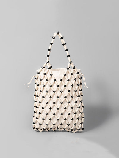 Hollow-Out Wooden Bead Woven Tote Bag