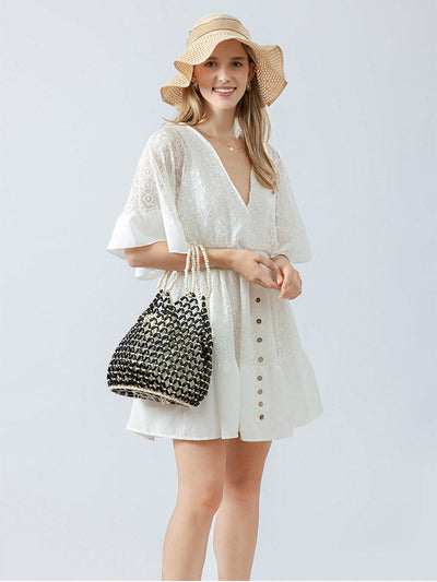 Handcrafted Wooden Bead Woven Tote Bag