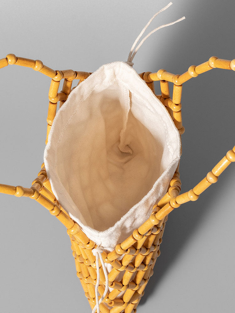 Hollow-Out Wooden Bead Woven Tote Bag