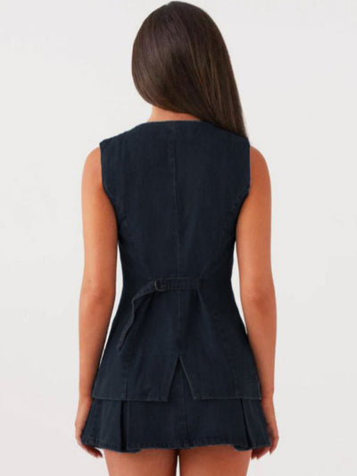 Casual Sleeveless High Waist Denim Set