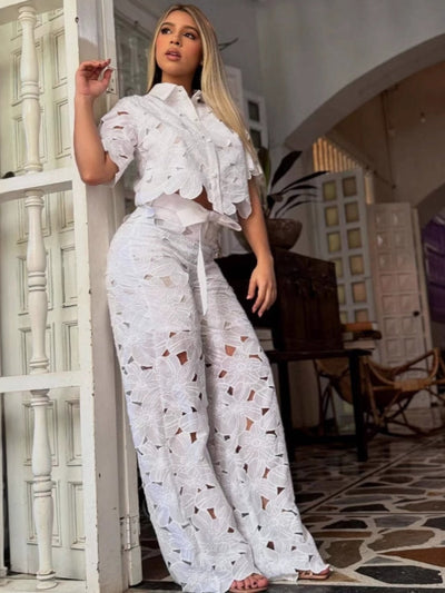Cut-Out Cardigan Top Wide-Leg Pants Set