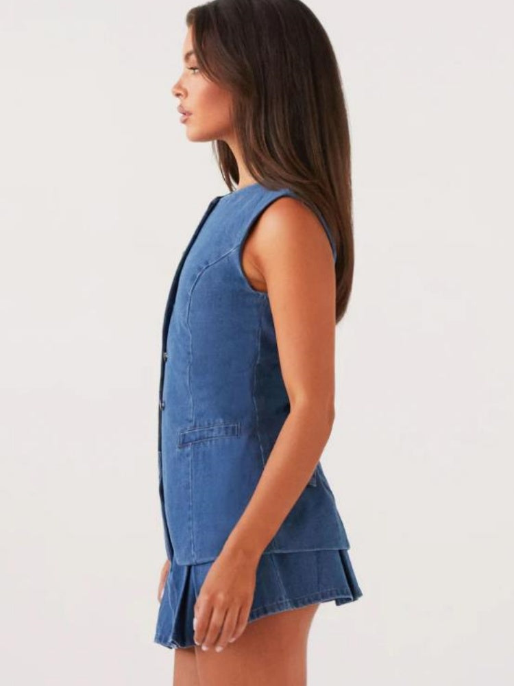 Casual Sleeveless High Waist Denim Set