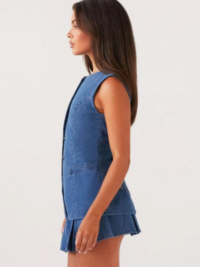 Casual Sleeveless High Waist Denim Set
