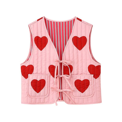 Heart Print Sleeveless Pink Bow V-neck Waistcoat